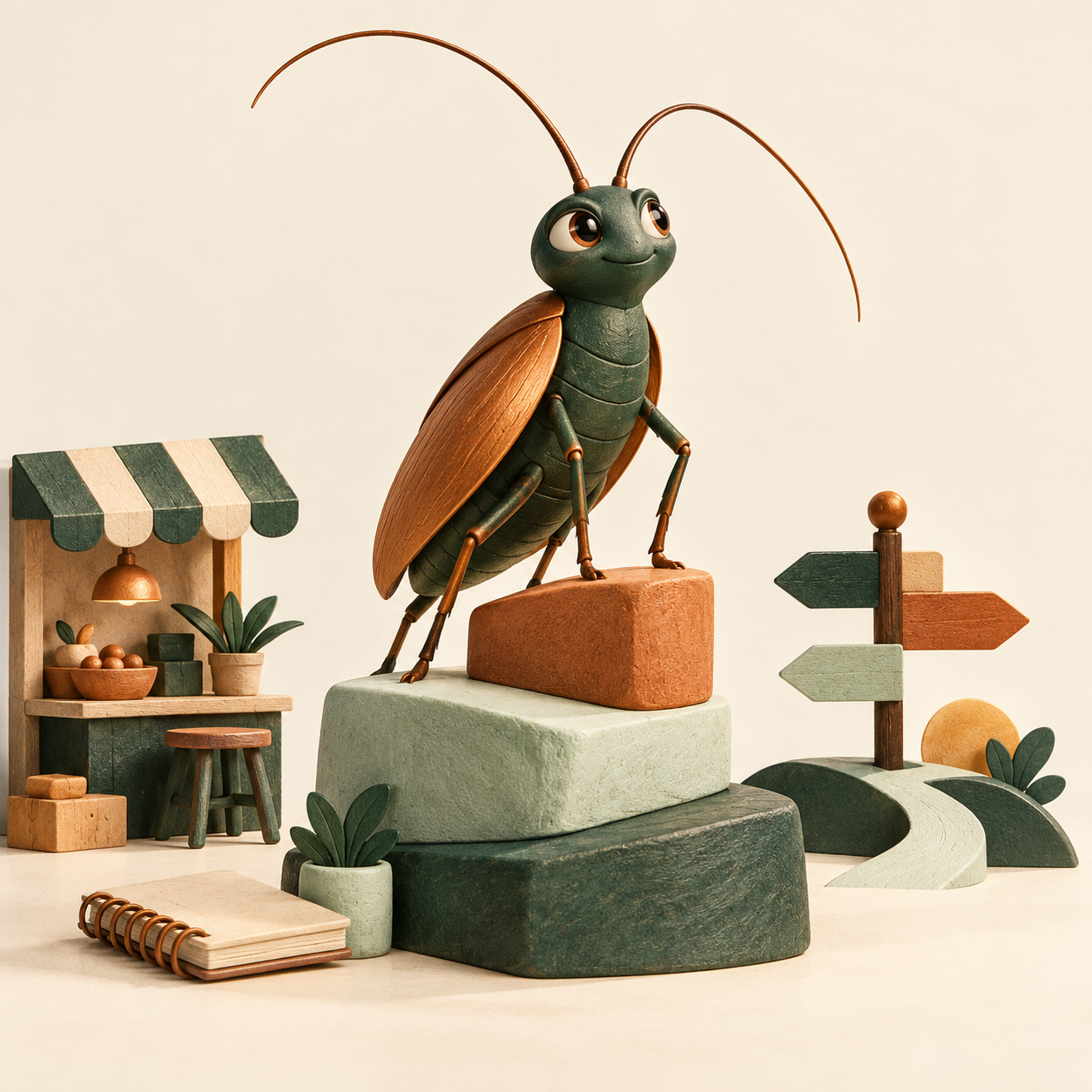 Cucarachote, una cucaracha de cuerpo verde y alas cobre, sube por bloques junto a un pequeño negocio y un camino que se abre.